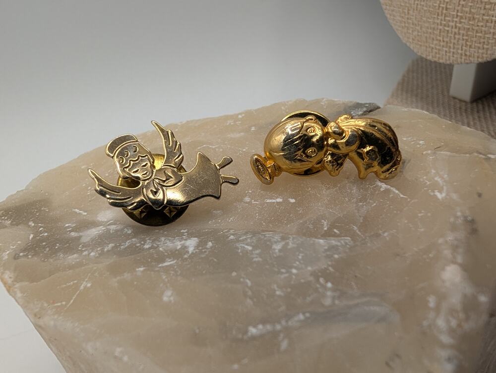 Vintage Gold Tone Angel & Cherub Lapel Pins Brooches Set of 2 Christmas Holiday
